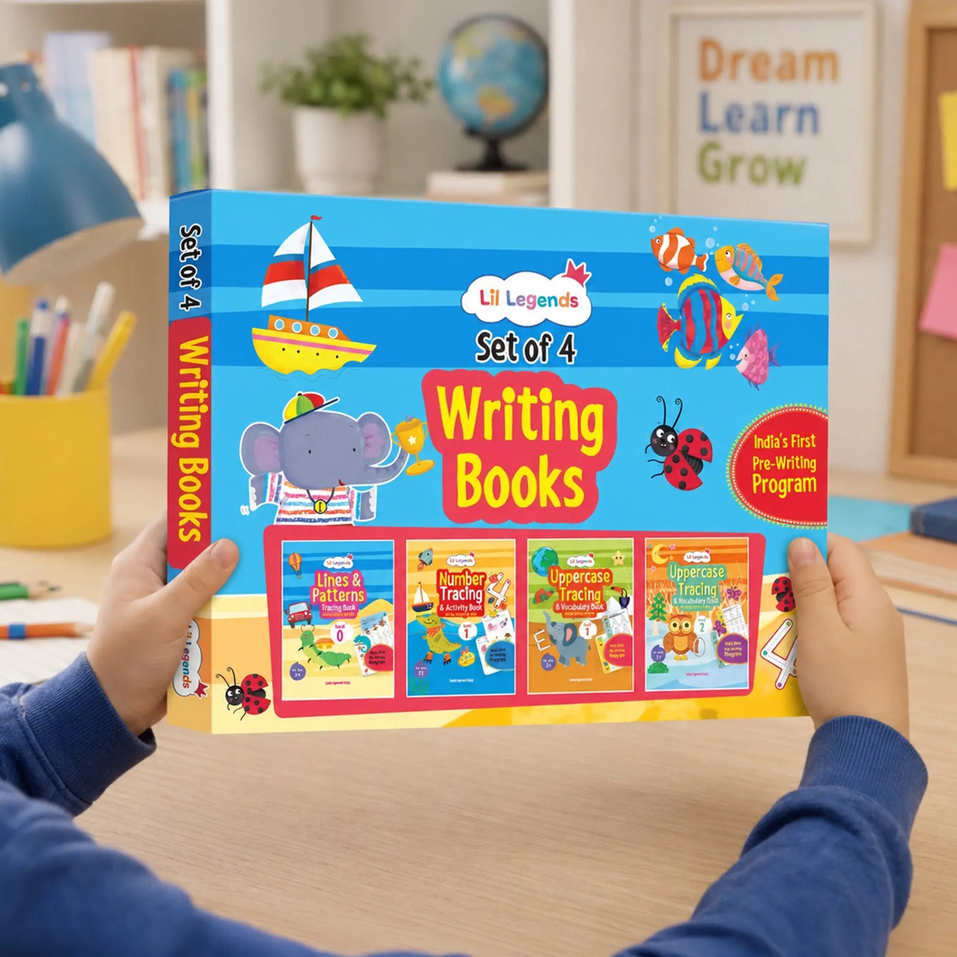 Lil Legends Set of 4 Writing Books Box Set | India's First Pre-Writing Program | Patterns, Numbers and Uppercase Tracing, Activities and Vocabulary | For Nursery/LKG/UKG | Age 2–5 