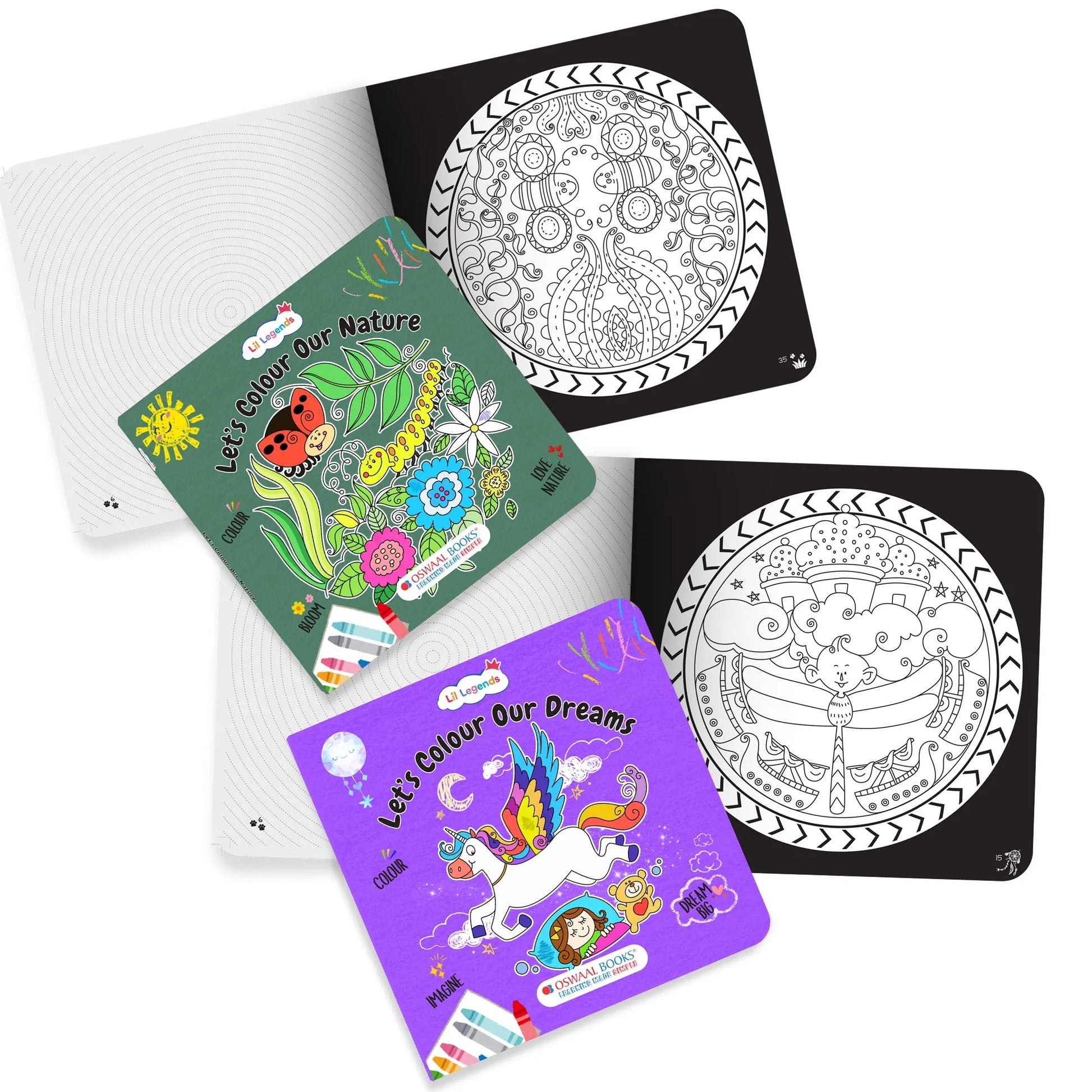 Lil Legends Let's Colour Set of 2 Colouring Books | Dreams and Nature | Travel-Friendly Hardboard Support | Boosts Focus and Creativity | For UKG/Primary | Age 4+ 