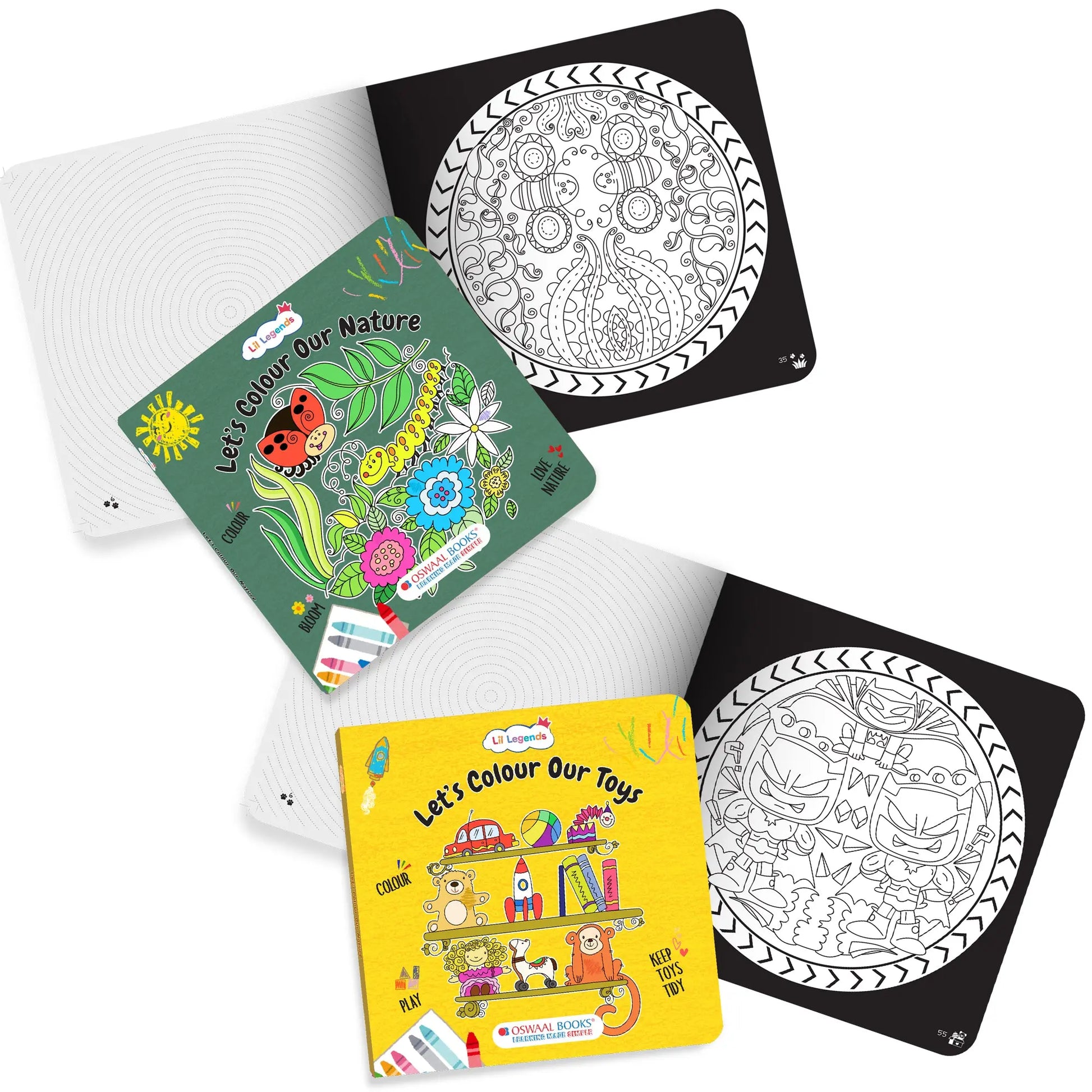 Lil Legends Let's Colour Set of 2 Colouring Books | Toys and Nature | Travel-Friendly Hardboard Support | Boosts Focus and Creativity | For UKG/Primary | Age 4+ 