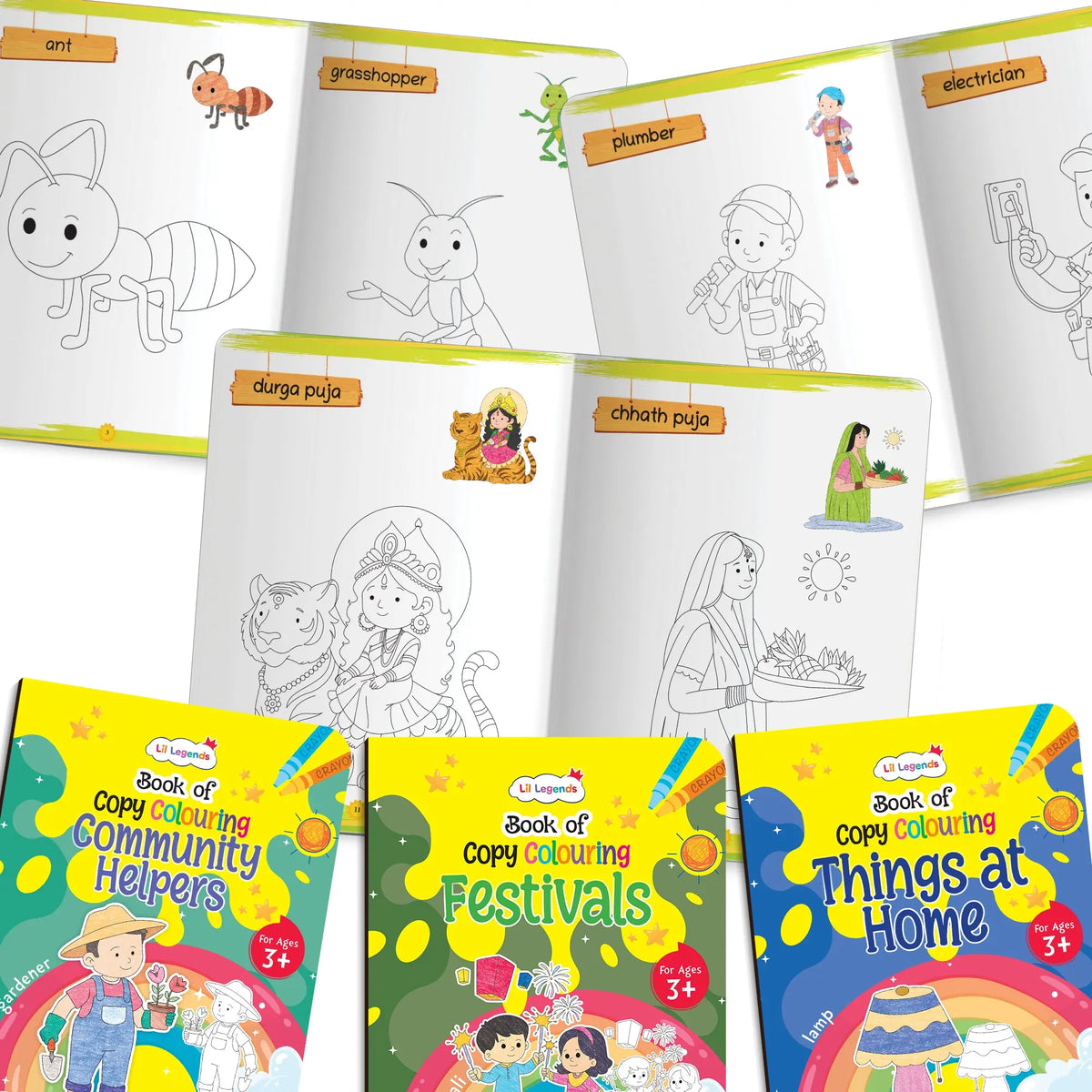 Lil Legends Books Of Copy Colouring Set of 5 Books for Kids | Community Helpers, Festivals, Things at Home and More | Fun Activities and Vocabulary Booster | For LKG/UKG | Age 3+ 