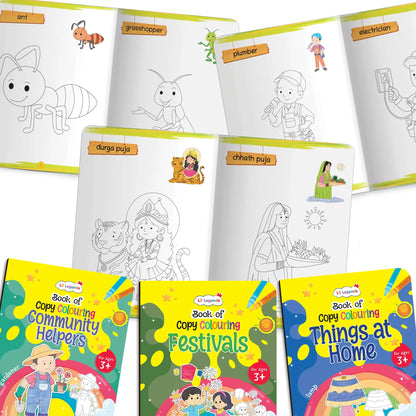 Lil Legends Books Of Copy Colouring Set of 5 Books for Kids | Community Helpers, Festivals, Things at Home and More | Fun Activities and Vocabulary Booster | For LKG/UKG | Age 3+ 