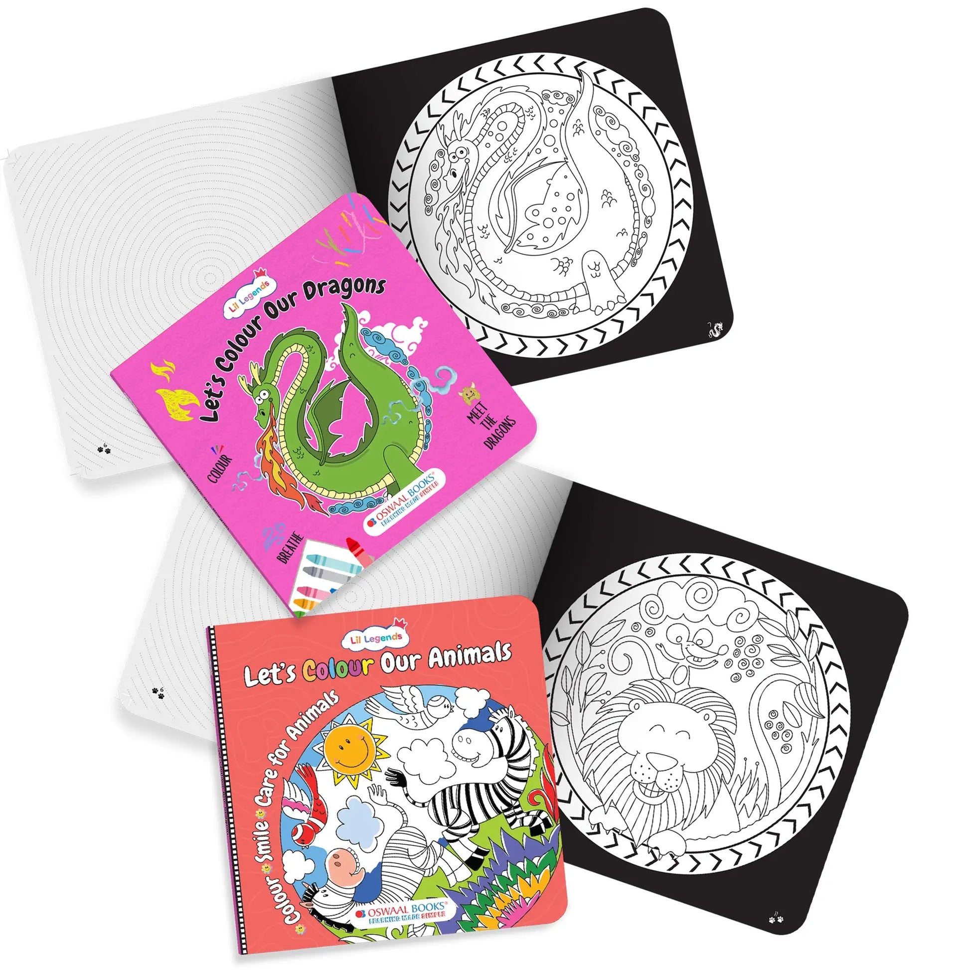 Lil Legends Let's Colour Set of 2 Colouring Books | Animals and Dragons | Travel-Friendly Hardboard Support | Boosts Focus and Creativity | For UKG/Primary | Age 4+ 