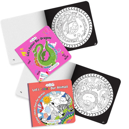 Lil Legends Let's Colour Set of 2 Colouring Books | Animals and Dragons | Travel-Friendly Hardboard Support | Boosts Focus and Creativity | For UKG/Primary | Age 4+ 