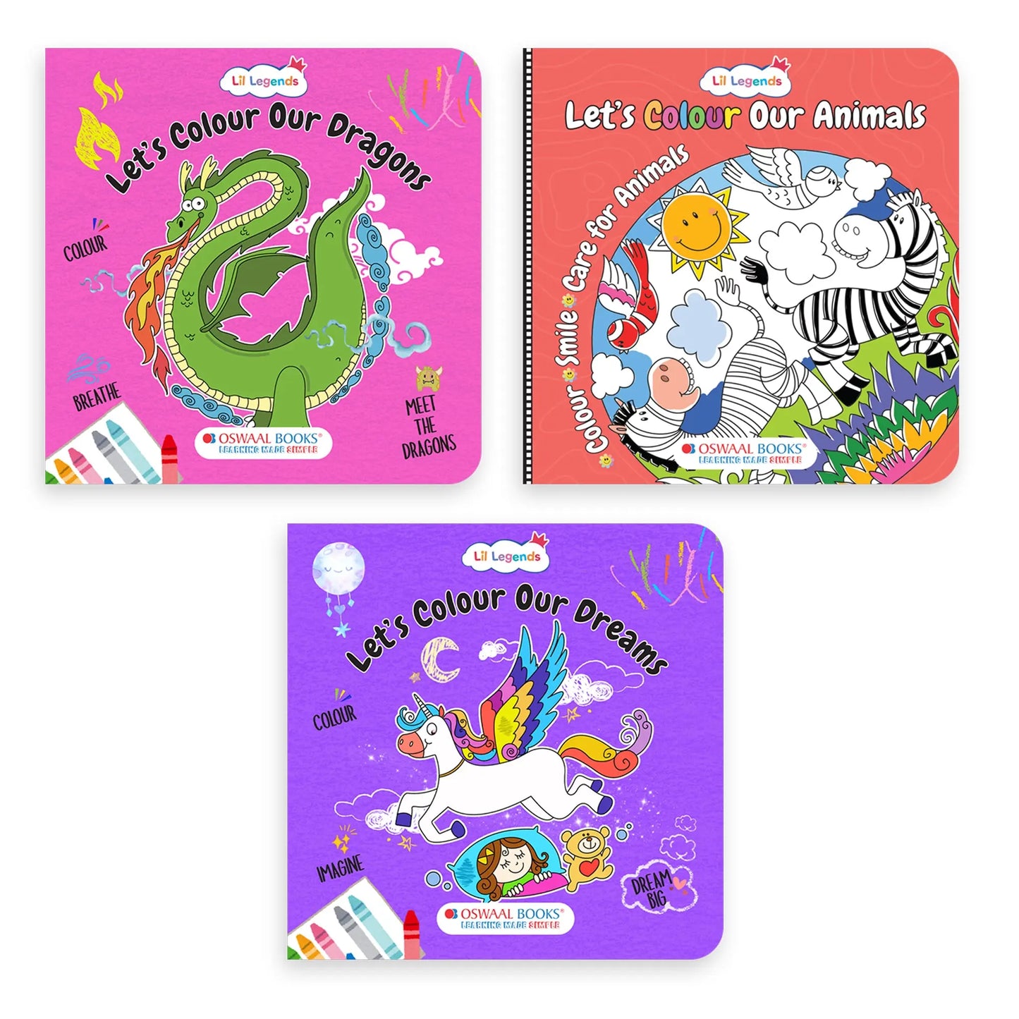 Lil Legends Let's Colour Set of 6 Colouring Books | Animals, Toys, Dreams, Dragons, Nature and Oceans | Travel-Friendly Hardboard Support | For UKG/Primary | Age 4+ 