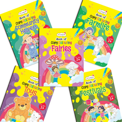 Lil Legends Books Of Copy Colouring Set of 10 Books for Kids | Dinosaurs, Unicorns, Festivals, Community Helpers and More | Fun Activities and Vocabulary Booster | For LKG/UK | Age 3+ 