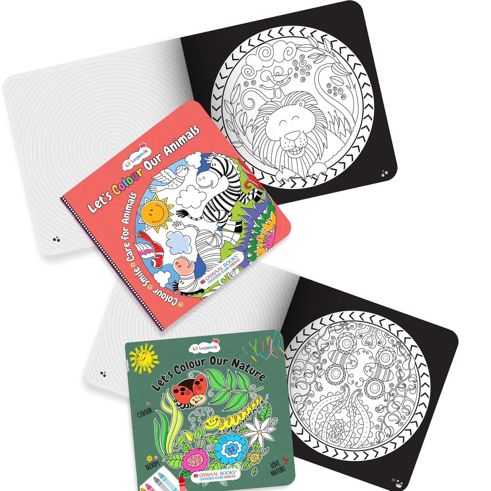 Lil Legends Let's Colour Set of 2 Colouring Books | Animals and Nature | Travel-Friendly Hardboard Support | Boosts Focus and Creativity | For UKG/Primary | Age 4+ 