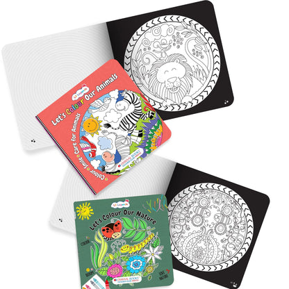 Lil Legends Let's Colour Set of 2 Colouring Books | Animals and Nature | Travel-Friendly Hardboard Support | Boosts Focus and Creativity | For UKG/Primary | Age 4+ 