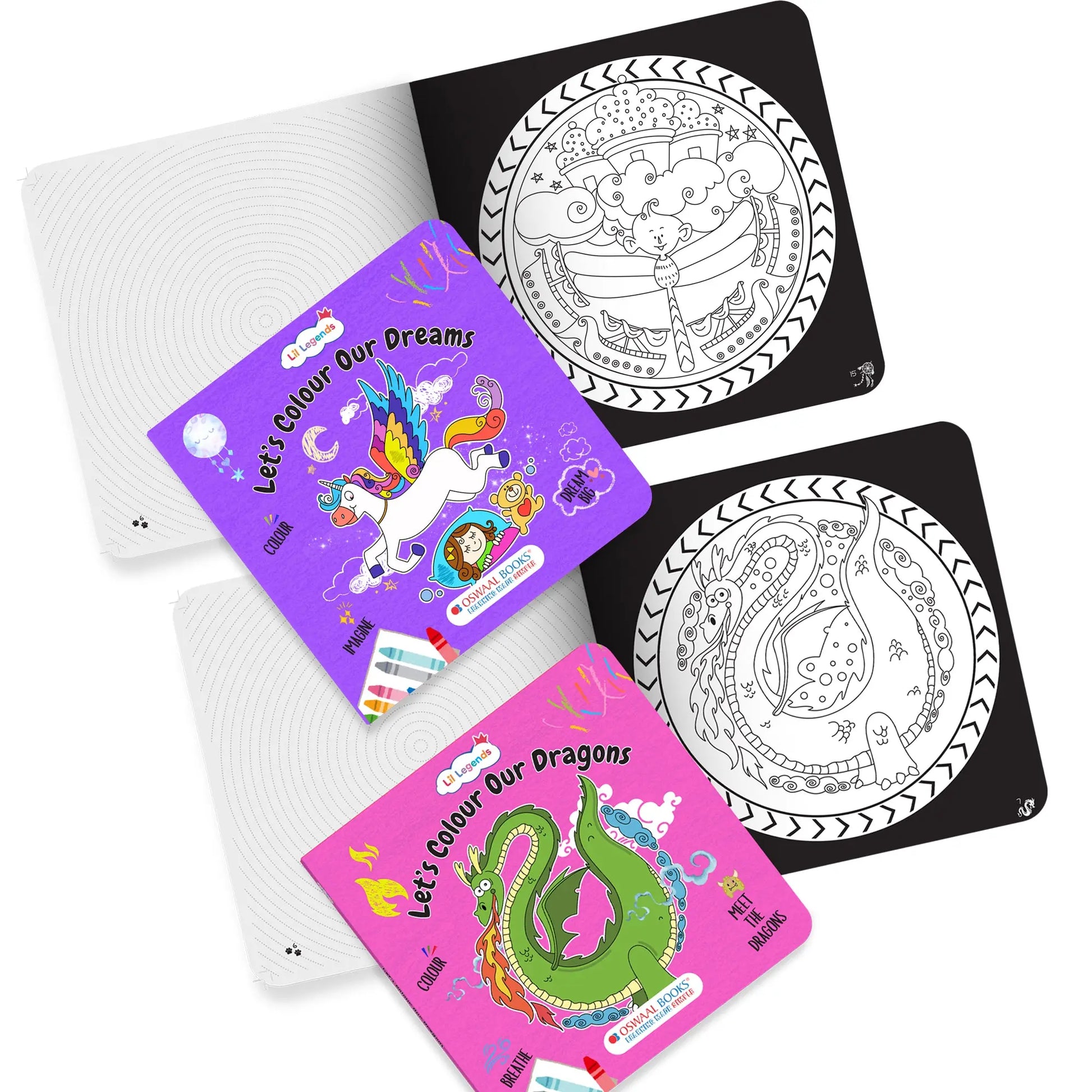 Lil Legends Let's Colour Set of 2 Colouring Books | Dreams and Dragons | Travel-Friendly Hardboard Support | Boosts Focus and Creativity | For UKG/Primary | Age 4+ 