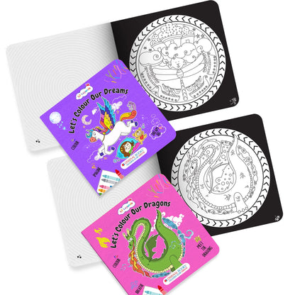 Lil Legends Let's Colour Set of 2 Colouring Books | Dreams and Dragons | Travel-Friendly Hardboard Support | Boosts Focus and Creativity | For UKG/Primary | Age 4+ 