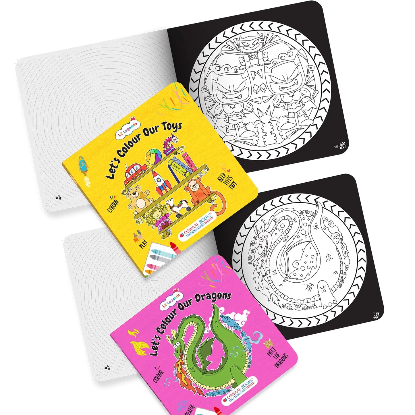 Lil Legends Let's Colour Set of 2 Colouring Books | Toys and Dragons | Travel-Friendly Hardboard Support | Boosts Focus and Creativity | For UKG/Primary | Age 4+ 
