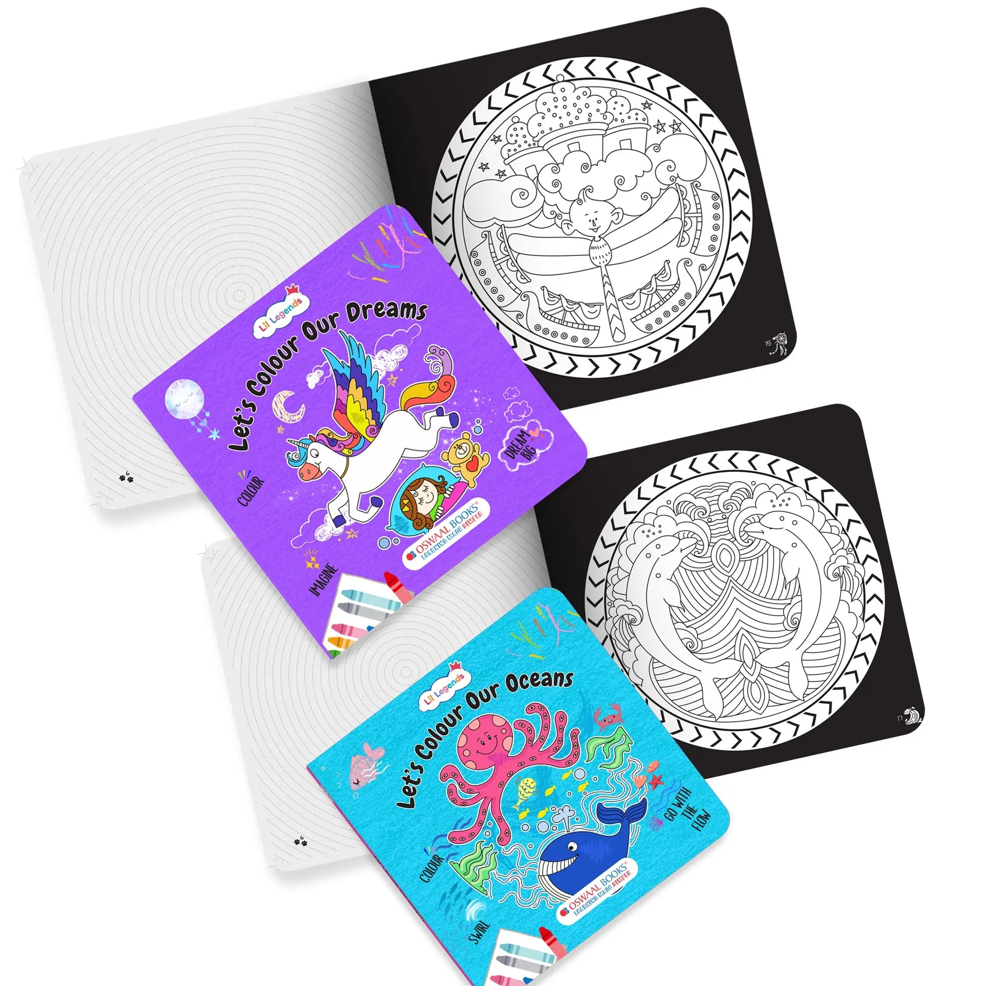 Lil Legends Let's Colour Set of 2 Colouring Books | Dreams and Oceans | Travel-Friendly Hardboard Support | Boosts Focus and Creativity | For UKG/Primary | Age 4+ 