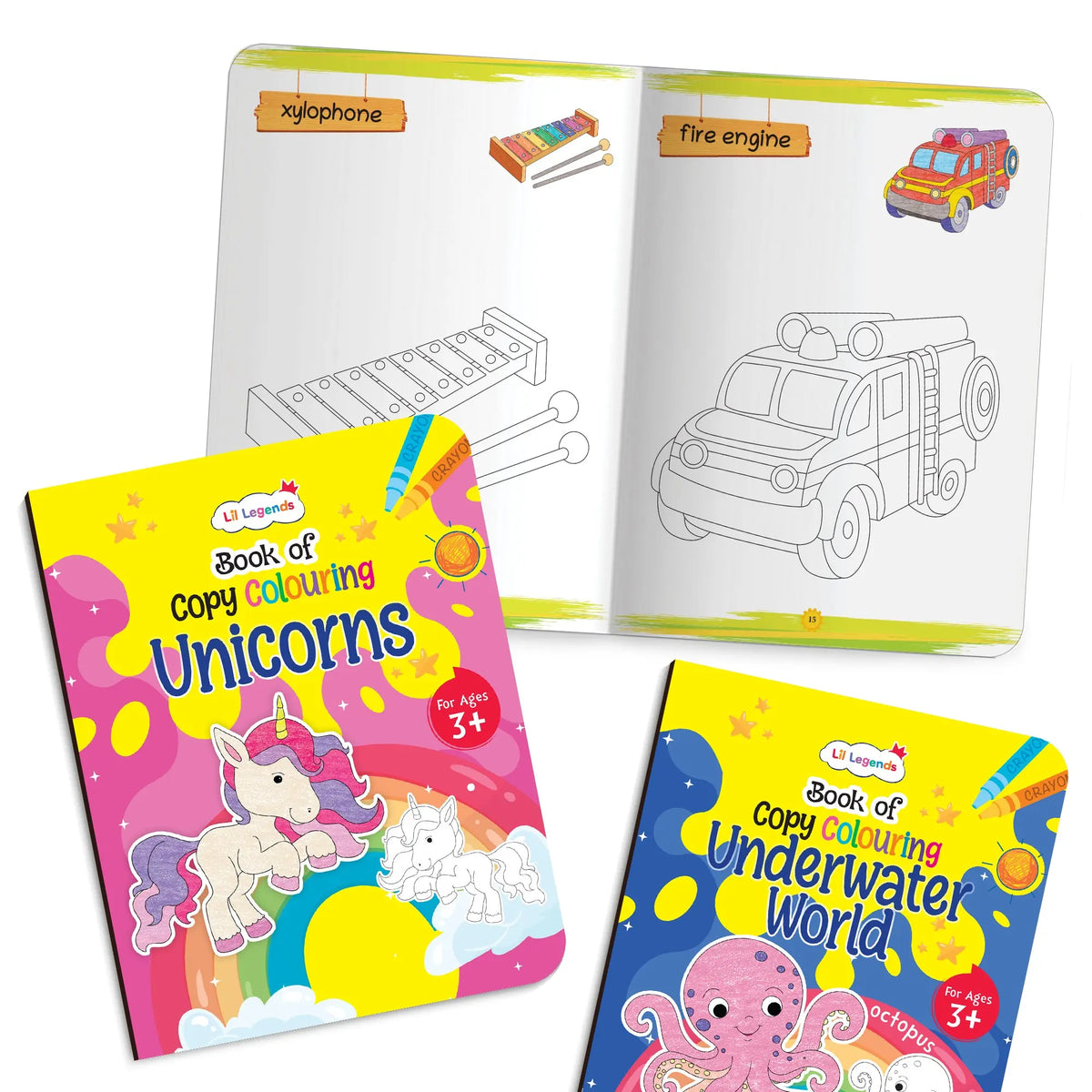 Lil Legends Books Of Copy Colouring Set of 5 Books for Kids | Dinosaurs, Unicorns, Toys, Fairies and Underwater World | Fun Activities and Vocabulary Booster | For LKG/UKG | Age 3+ 