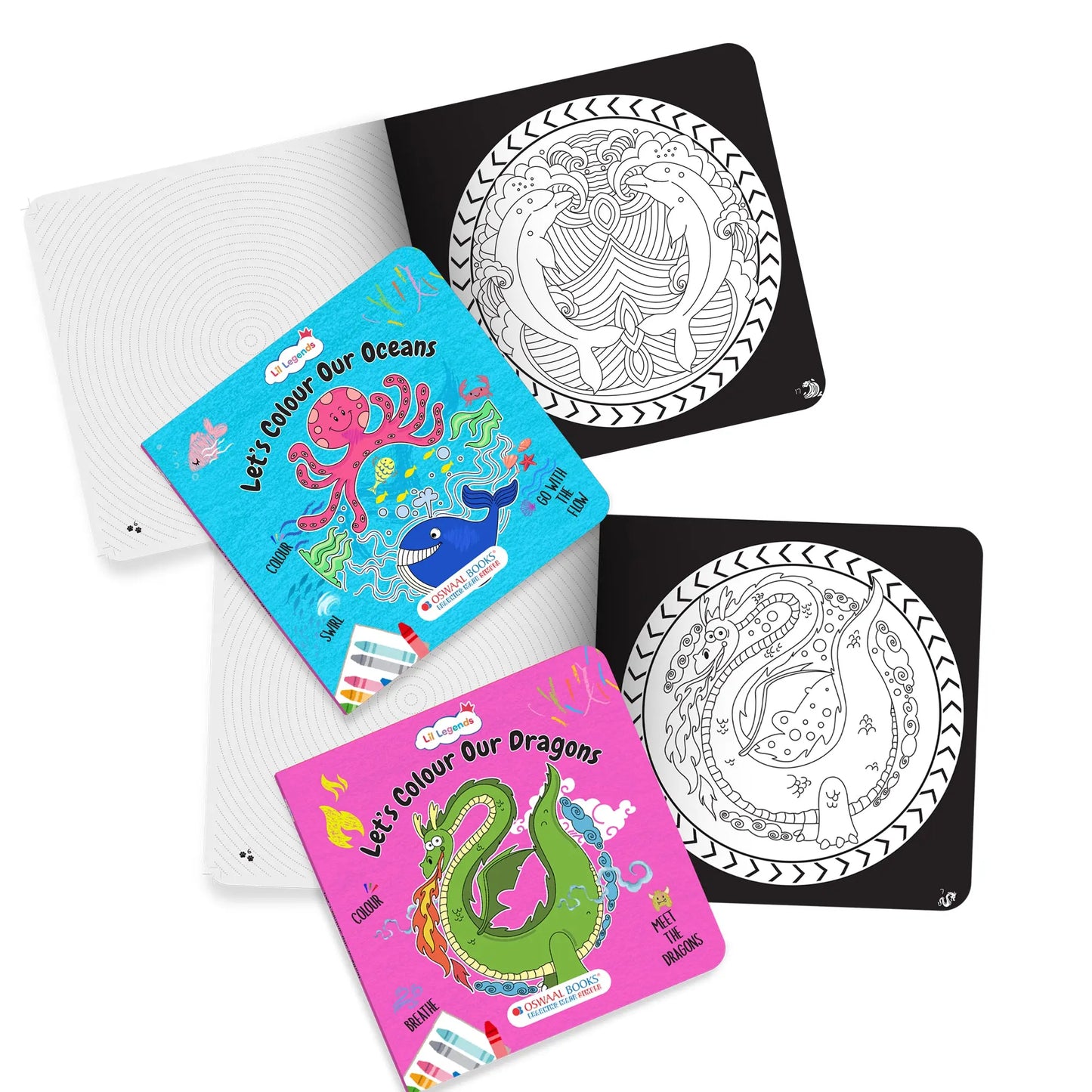 Lil Legends Let's Colour Set of 2 Colouring Books | Oceans and Dragons | Travel-Friendly Hardboard Support | Boosts Focus and Creativity | For UKG/Primary | Age 4+ 