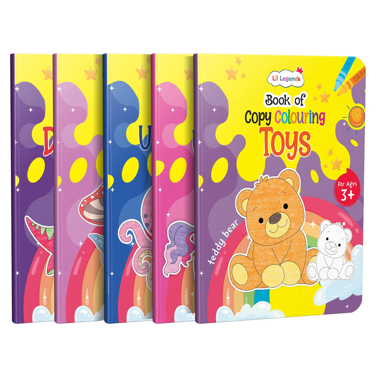 Lil Legends Books Of Copy Colouring Set of 5 Books for Kids | Dinosaurs, Unicorns, Toys, Fairies and Underwater World | Fun Activities and Vocabulary Booster | For LKG/UKG | Age 3+ 