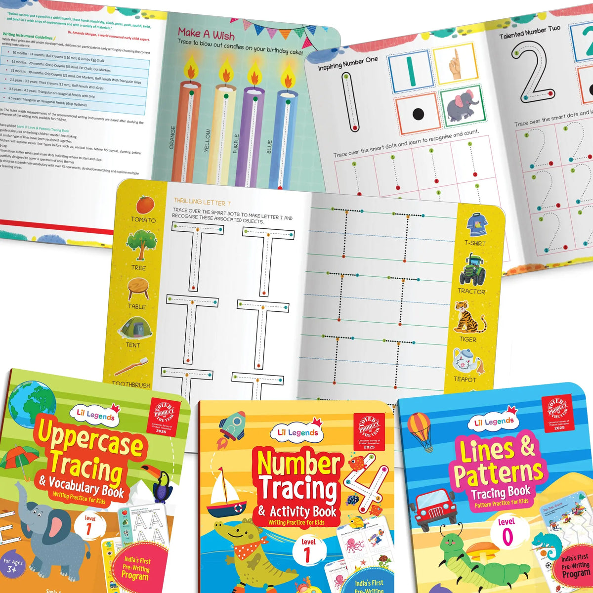 Lil Legends Early Writing Readiness | Set of 3 Books | Lines and Patterns + Number Tracing + Uppercase Tracing and Vocabulary | India's First Pre-Writing Programme | Age 2-5 