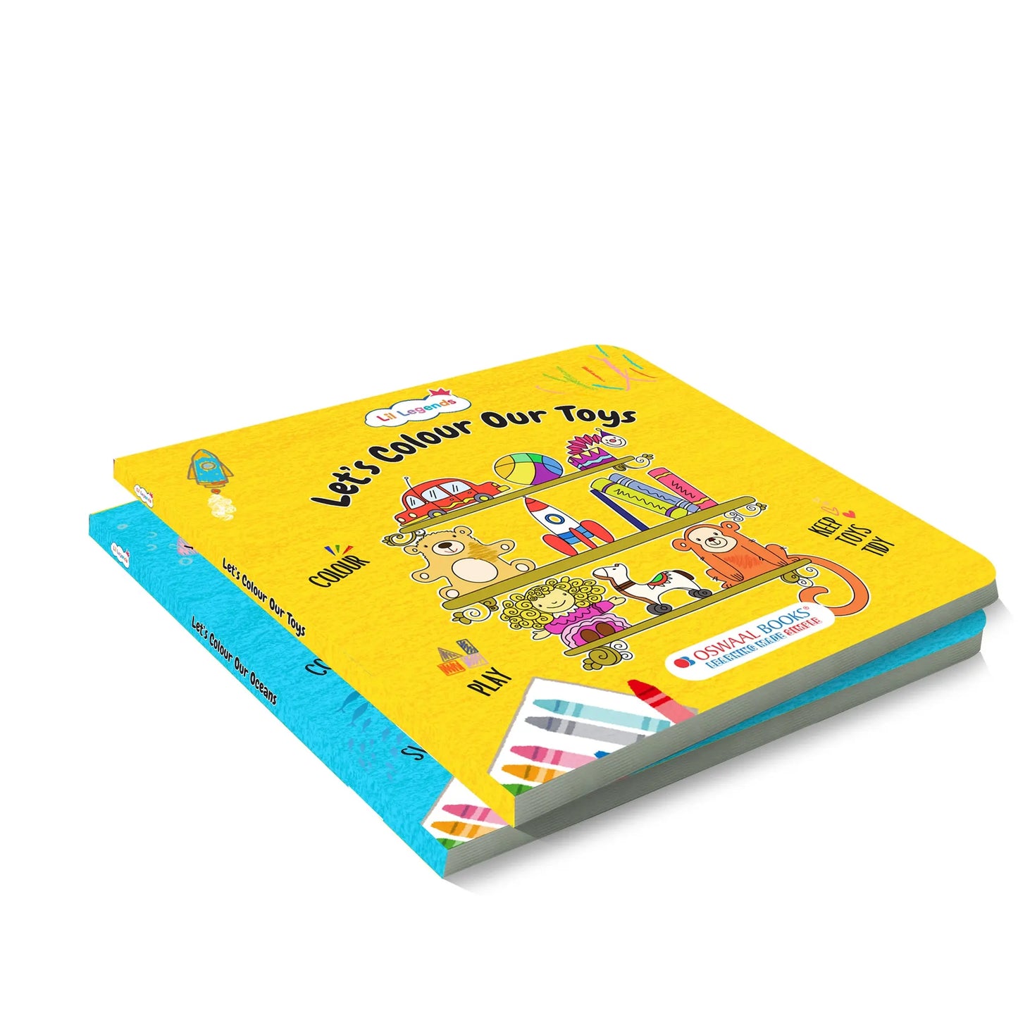 Lil Legends Let's Colour Set of 2 Colouring Books | Toys and Oceans | Travel-Friendly Hardboard Support | Boosts Focus and Creativity | For UKG/Primary | Age 4+ 