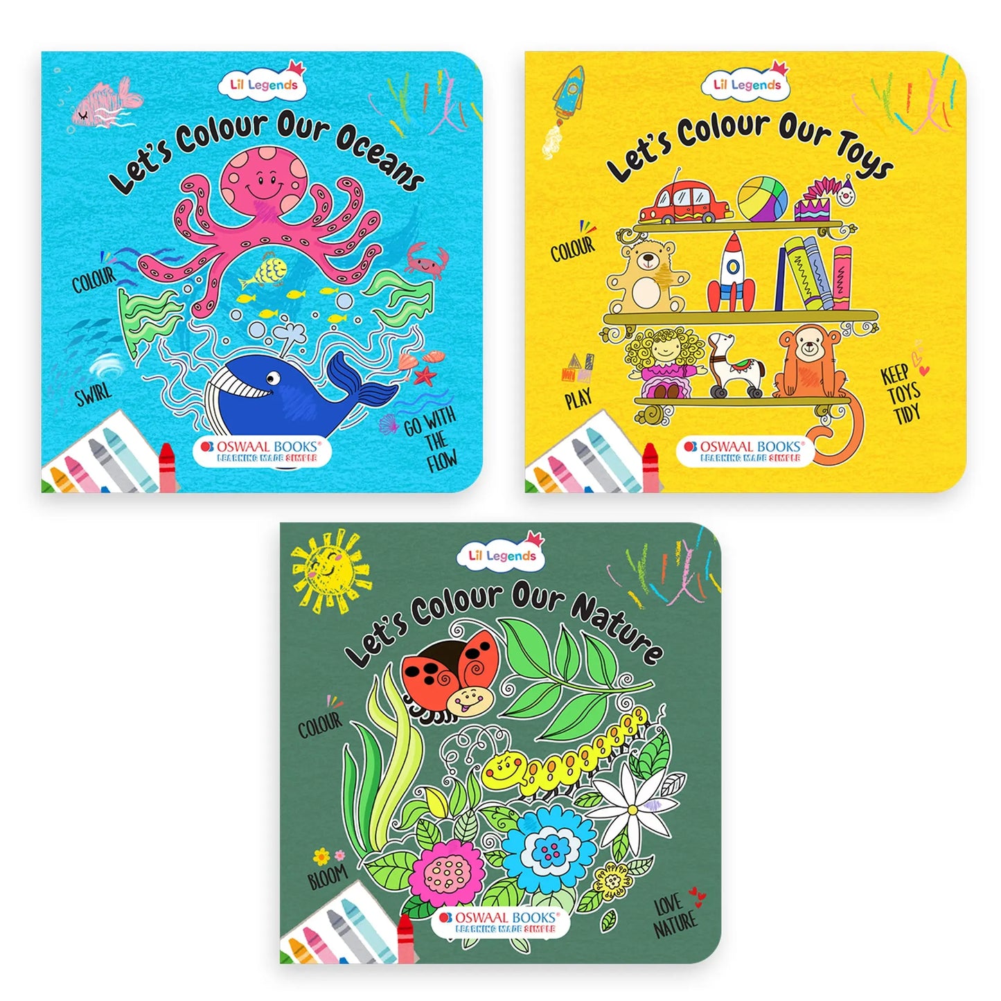 Lil Legends Let's Colour Set of 6 Colouring Books | Animals, Toys, Dreams, Dragons, Nature and Oceans | Travel-Friendly Hardboard Support | For UKG/Primary | Age 4+ 