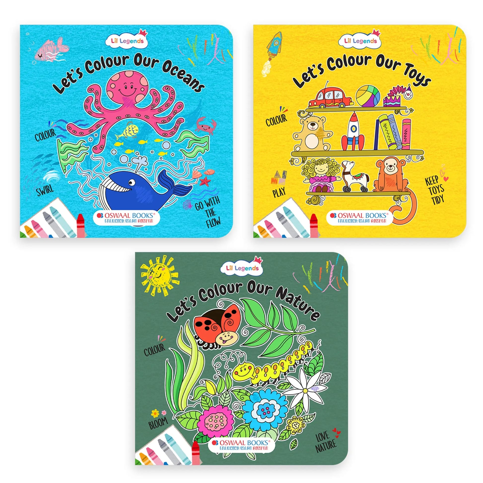 Lil Legends Let's Colour Set of 6 Colouring Books | Animals, Toys, Dreams, Dragons, Nature and Oceans | Travel-Friendly Hardboard Support | For UKG/Primary | Age 4+ 
