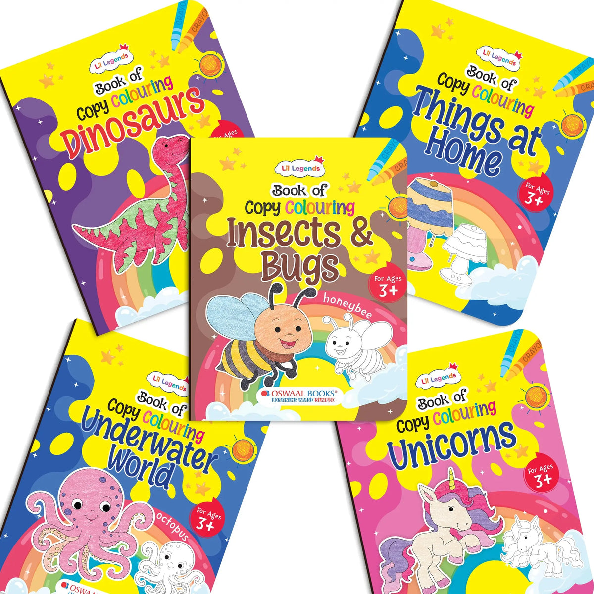 Lil Legends Books Of Copy Colouring Set of 10 Books for Kids | Dinosaurs, Unicorns, Festivals, Community Helpers and More | Fun Activities and Vocabulary Booster | For LKG/UK | Age 3+ 