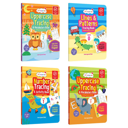 Lil Legends Set of 4 Writing Books Box Set | India's First Pre-Writing Program | Patterns, Numbers and Uppercase Tracing, Activities and Vocabulary | For Nursery/LKG/UKG | Age 2–5 