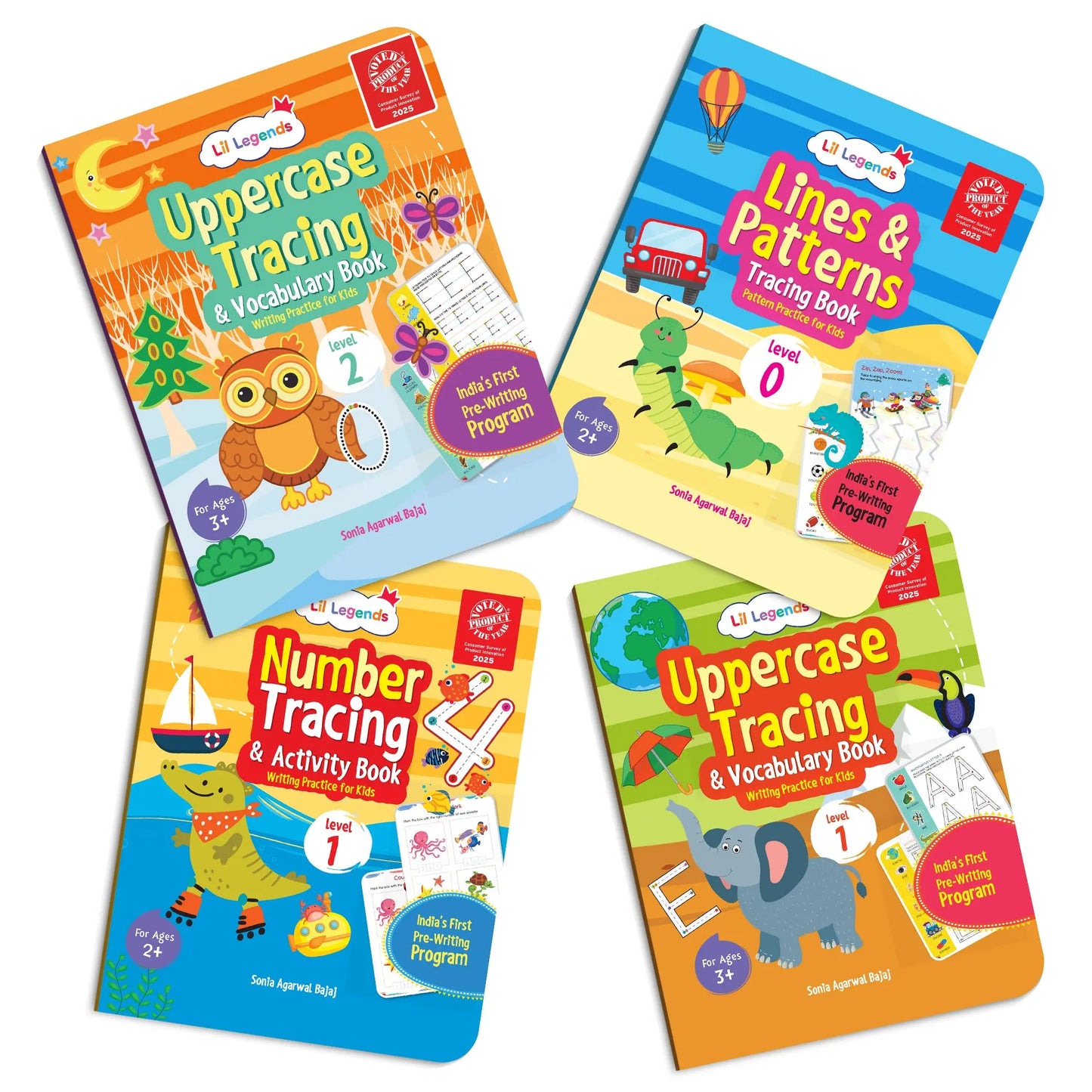 Lil Legends Set of 4 Writing Books Box Set | India's First Pre-Writing Program | Patterns, Numbers and Uppercase Tracing, Activities and Vocabulary | For Nursery/LKG/UKG | Age 2–5 
