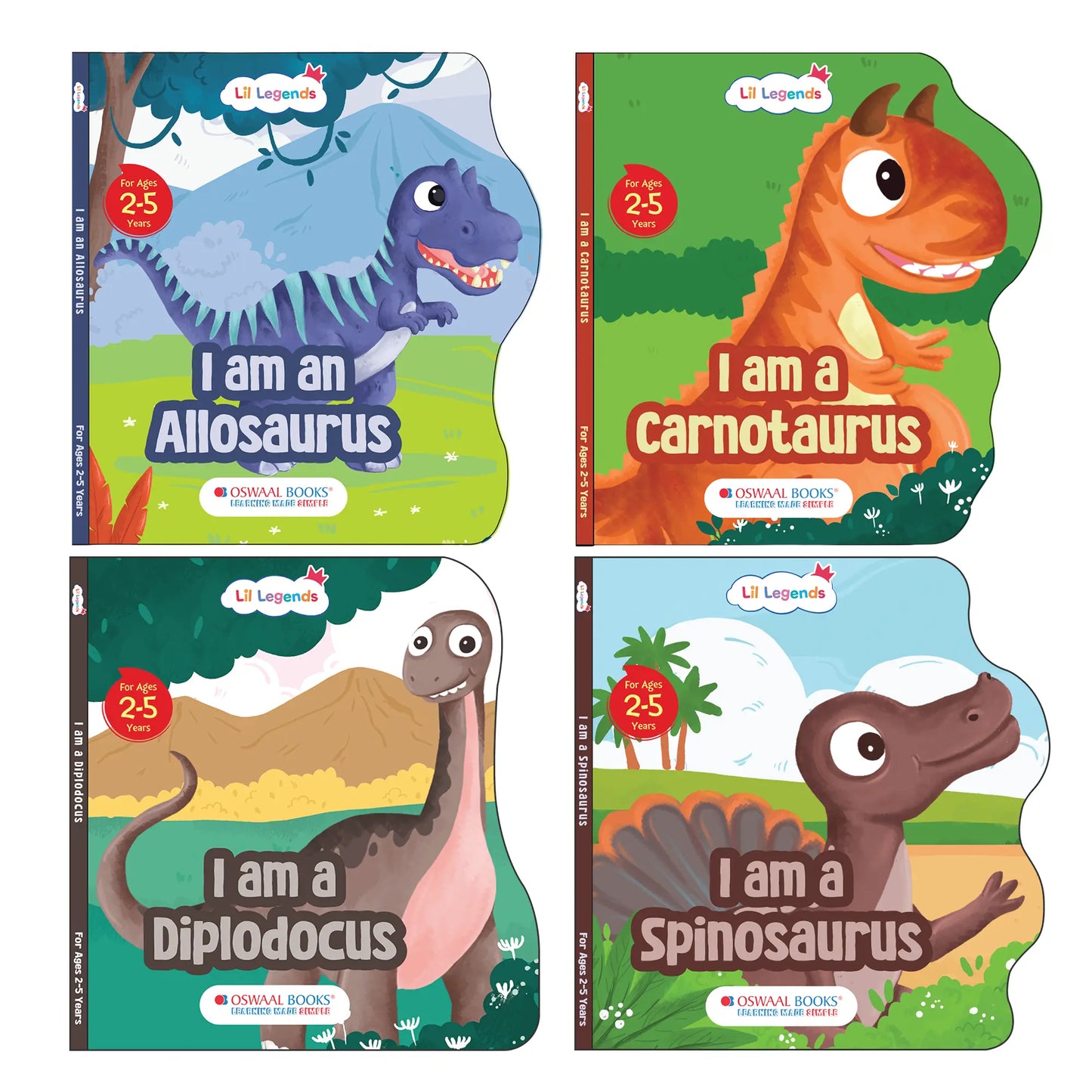 Lil Legends Dinosaur Shaped Board Books for Kids | Set of 4 Books | I am Spinosaurus, Carnotaurus, Allosaurus & Diplodocus | Durable Rhyming Books | Ages 2–5 Years | Board Book Set 