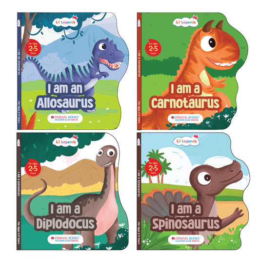 Lil Legends Dinosaur Shaped Board Books for Kids | Set of 4 Books | I am Spinosaurus, Carnotaurus, Allosaurus & Diplodocus | Durable Rhyming Books | Ages 2–5 Years | Board Book Set 