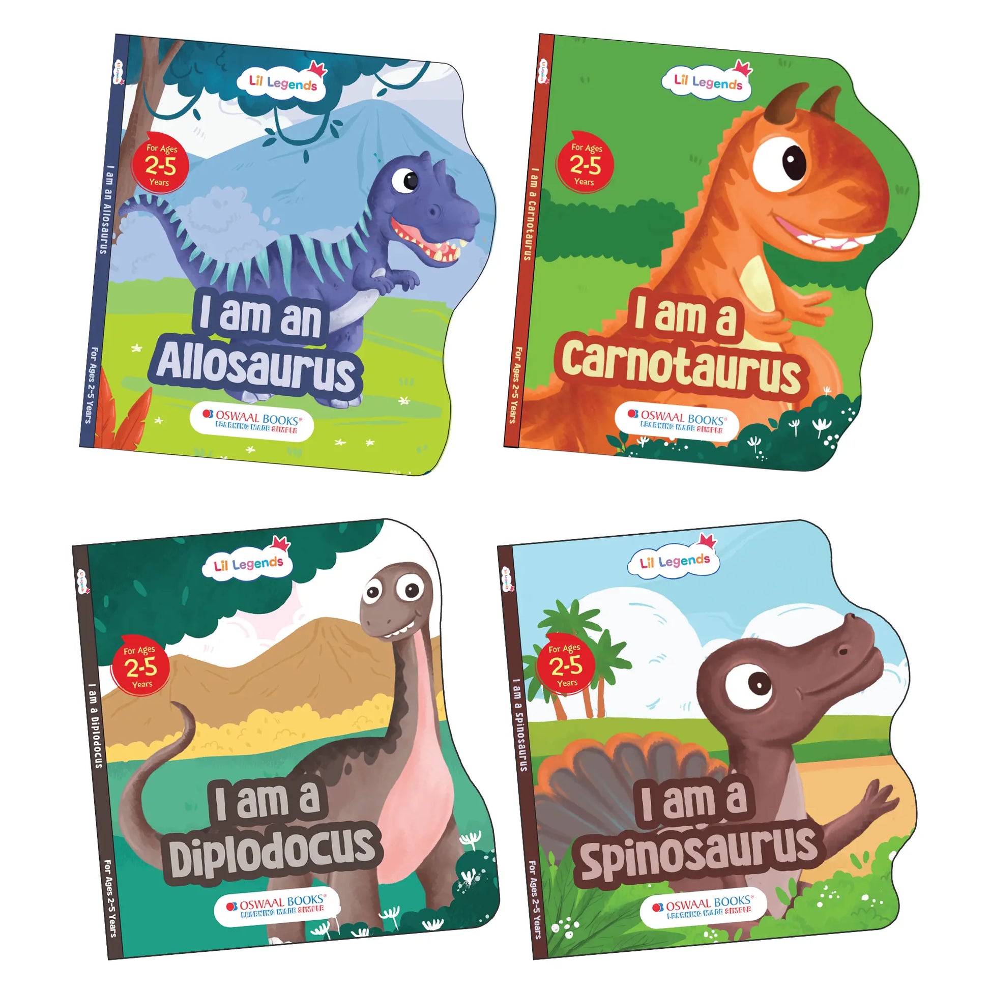 Lil Legends Dinosaur Shaped Board Books for Kids | Set of 4 Books | I am Spinosaurus, Carnotaurus, Allosaurus & Diplodocus | Durable Rhyming Books | Ages 2–5 Years | Board Book Set 