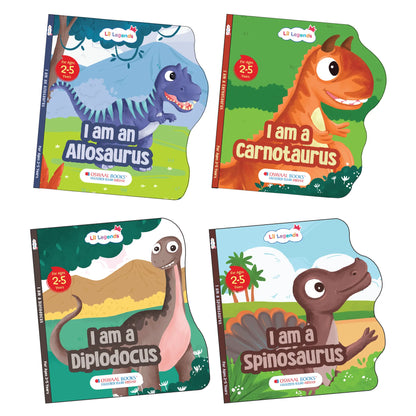 Lil Legends Dinosaur Shaped Board Books for Kids | Set of 4 Books | I am Spinosaurus, Carnotaurus, Allosaurus & Diplodocus | Durable Rhyming Books | Ages 2–5 Years | Board Book Set 