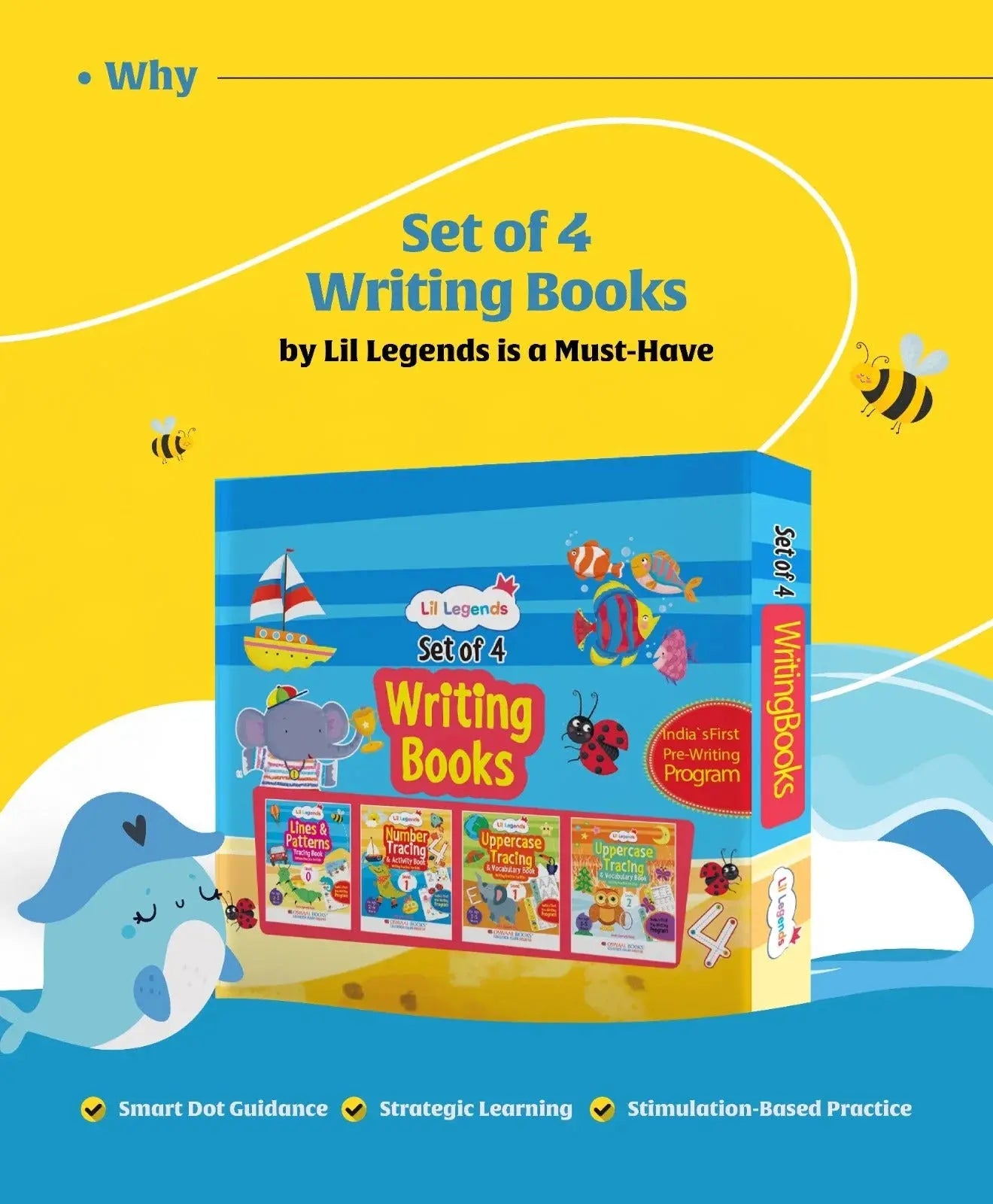 Lil Legends Set of 4 Writing Books Box Set | India's First Pre-Writing Program | Patterns, Numbers and Uppercase Tracing, Activities and Vocabulary | For Nursery/LKG/UKG | Age 2–5
