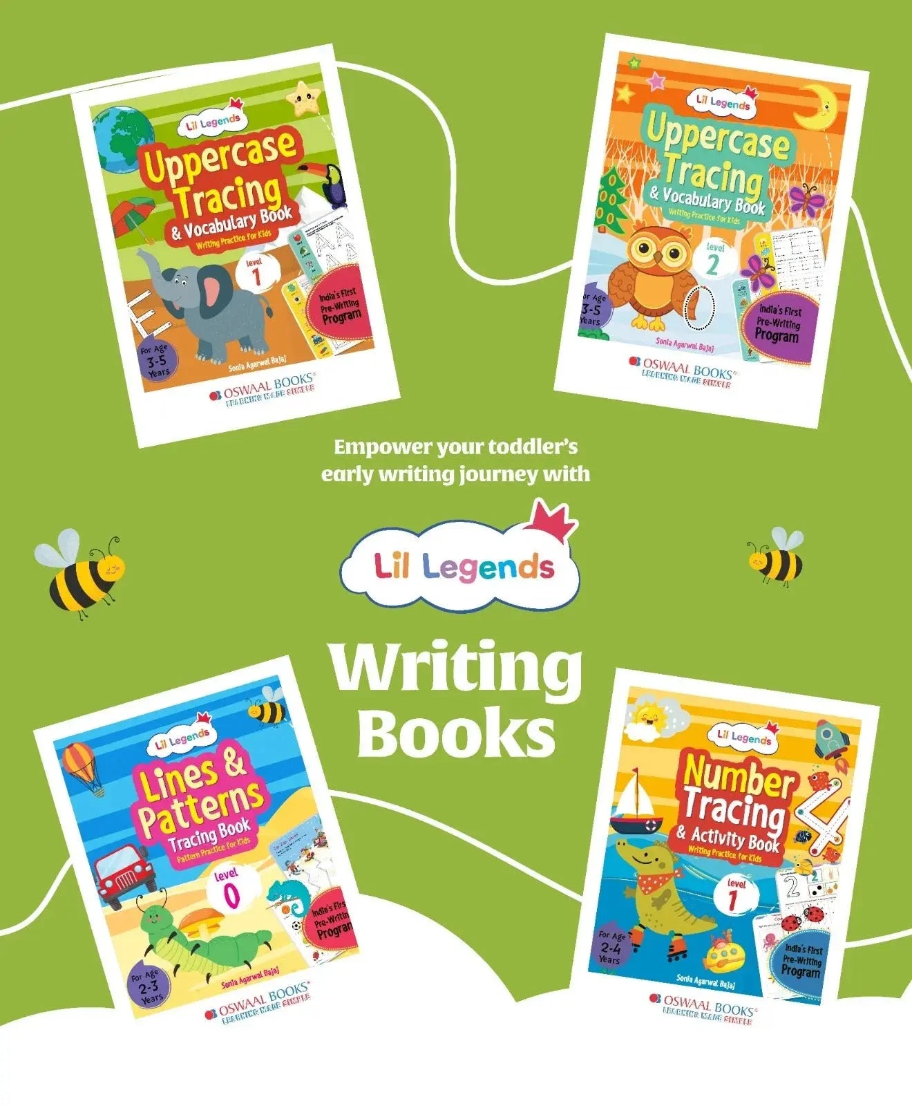 Lil Legends Set of 4 Writing Books Box Set | India's First Pre-Writing Program | Patterns, Numbers and Uppercase Tracing, Activities and Vocabulary | For Nursery/LKG/UKG | Age 2–5