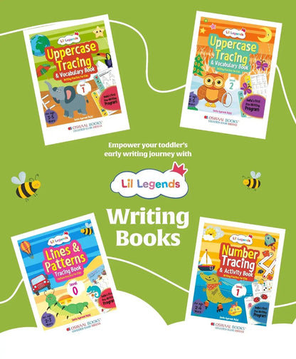 Lil Legends Set of 4 Writing Books Box Set | India's First Pre-Writing Program | Patterns, Numbers and Uppercase Tracing, Activities and Vocabulary | For Nursery/LKG/UKG | Age 2–5