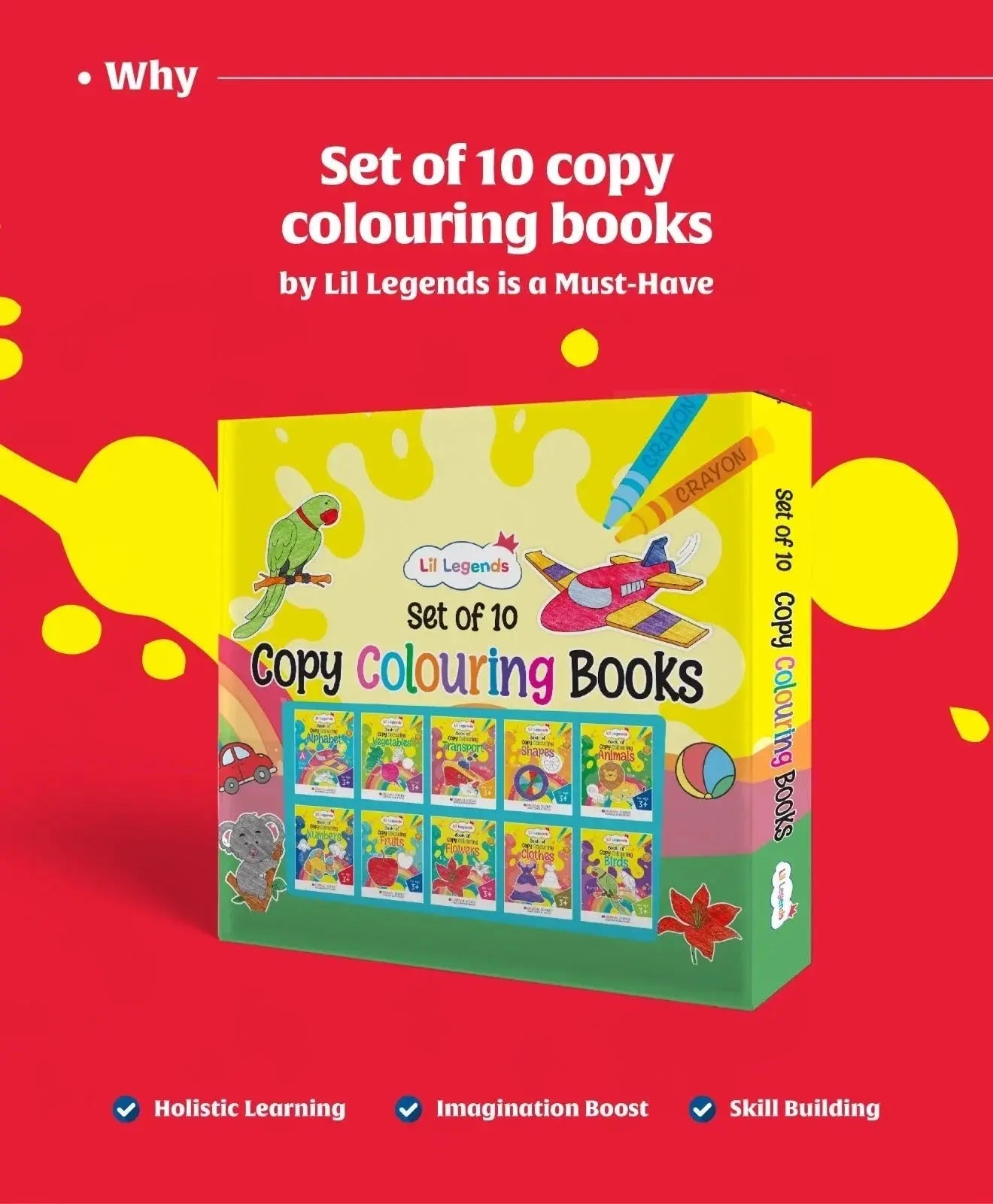 Lil Legends Set of 10 Copy Colouring Books for Kids | Box Set of 10 Books | Alphabet, Numbers, Shapes, Fruits and More | Focus and Vocabulary Building | For Nursery/LKG/UKG | Age 3+