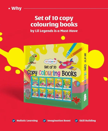 Lil Legends Set of 10 Copy Colouring Books for Kids | Box Set of 10 Books | Alphabet, Numbers, Shapes, Fruits and More | Focus and Vocabulary Building | For Nursery/LKG/UKG | Age 3+