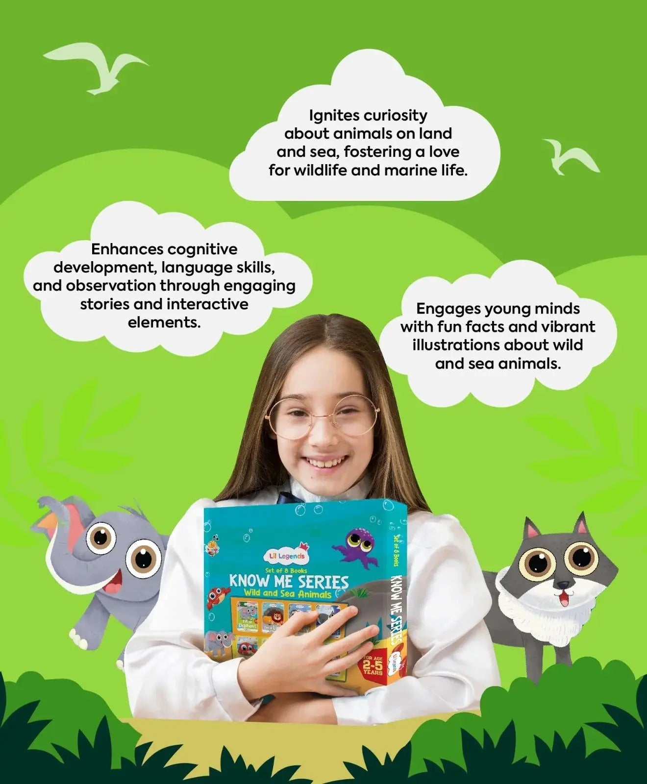 Lil Legends Set of 8 Books, Know Me Series Wild and Sea Animals | Gift Box Set for Kids  | Wolf, Monkey, Lion, Elephant, Whale, Turtle, Octopus, Crab | Picture Stories | Age 2-5