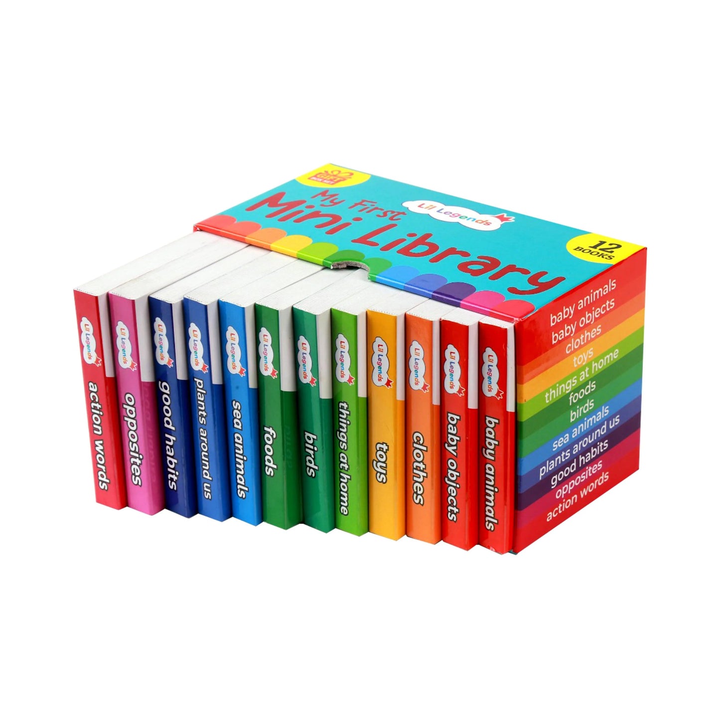 Lil Legends Mini Library - Box Set | Volume 1 & 2 - 24 Books - Alphabet | Numbers | Colours | Shapes | About Me | Flowers | Vegetables | Fruits | Farm & Pet Animals | Wild Animals | Transports |  and more. Oswaal Books and Learning Private Limited