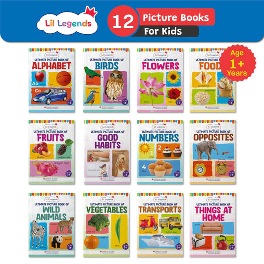 Lil Legends Early Learning Set of Picture Books, A Collection Of 12 Picture Books, For Kids To Learn About Alphabet, Birds, Flowers, Foods, Fruits, Good Habits, Numbers, Opposites, Things At Home, Transports, Vegetables And Wild Animals; Age 1+ Year 