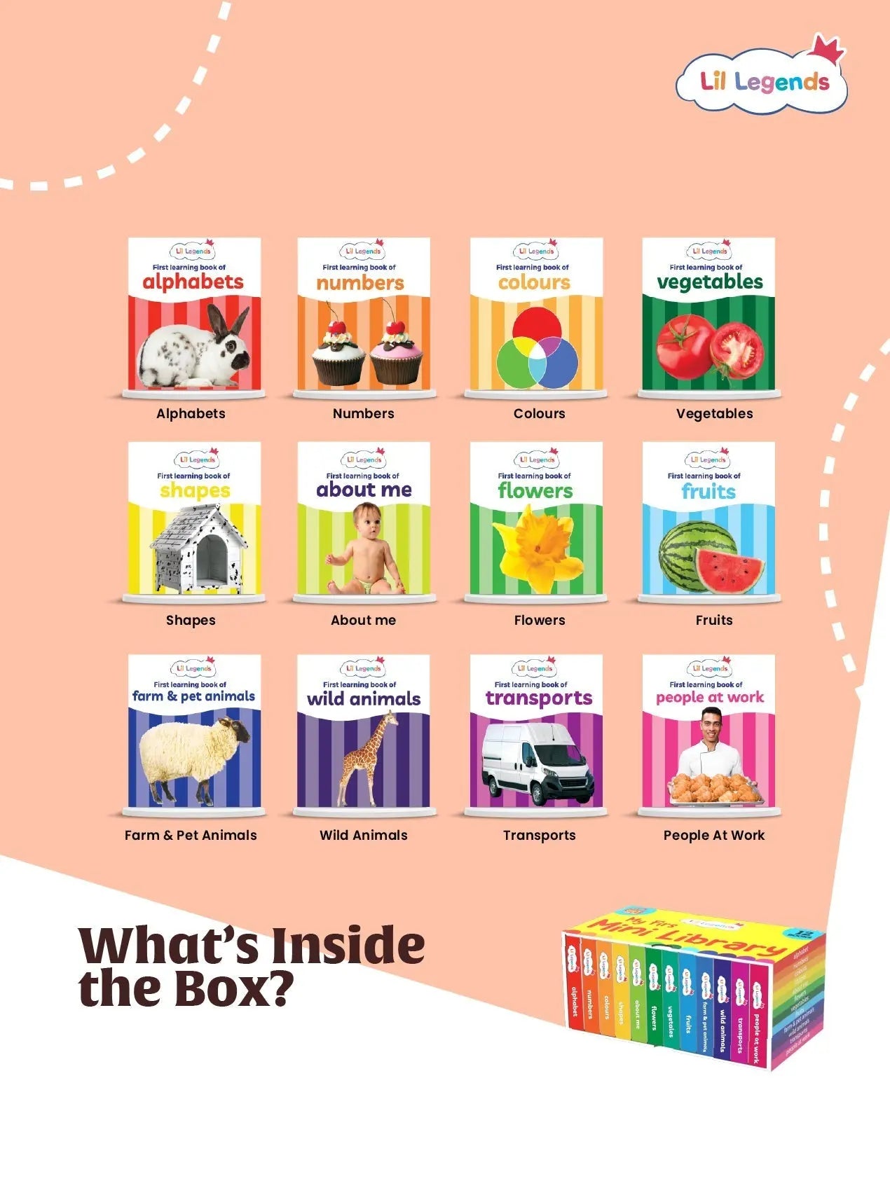 Lil Legends My First Mini Library Vol 1 - Box Set of 12 Early Learning Board Books for Kids Age 2-4 Years | Alphabet, Numbers, Colours, Shapes, Animals, Fruits, Vegetables, Birds, Transport & More