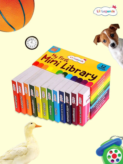 Lil Legends My First Mini Library Vol 1 - Box Set of 12 Early Learning Board Books for Kids Age 2-4 Years | Alphabet, Numbers, Colours, Shapes, Animals, Fruits, Vegetables, Birds, Transport & More
