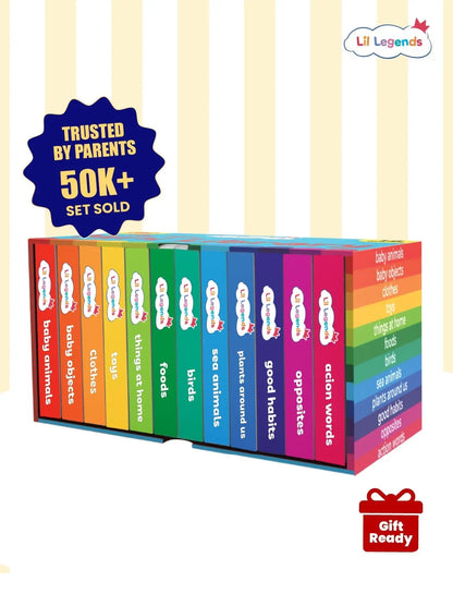 Lil Legends My First Mini Library Vol 2 - Box Set of 12 Early Learning Board Books for Kids Age 2-4 Years | Baby Animals, Foods, Clothes, Toys, Good Habits, Opposites, Colours, Shapes & More