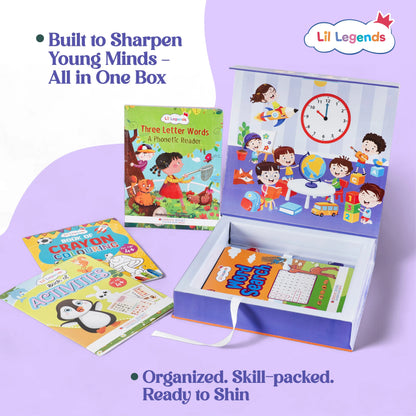 Lil Legends Prep and Shine Box for Kids | 7-in-1 Early Learning Kit | Gift Box Set | Tracing, Vocabulary, Phonics and Fun Activities + Stationery Kit | School Readiness Gift Set | Age 4+ 