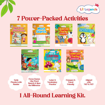 Lil Legends Prep and Shine Box for Kids | 7-in-1 Early Learning Kit | Gift Box Set | Tracing, Vocabulary, Phonics and Fun Activities + Stationery Kit | School Readiness Gift Set | Age 4+ 