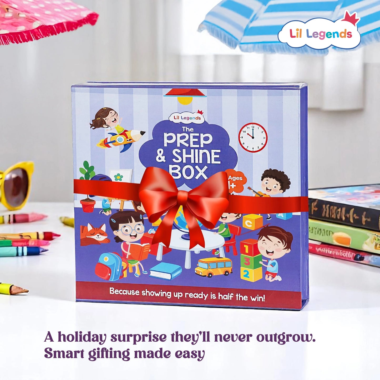 Lil Legends Prep and Shine Box for Kids | 7-in-1 Early Learning Kit | Gift Box Set | Tracing, Vocabulary, Phonics and Fun Activities + Stationery Kit | School Readiness Gift Set | Age 4+ 