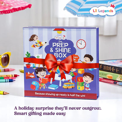 Lil Legends Prep and Shine Box for Kids | 7-in-1 Early Learning Kit | Gift Box Set | Tracing, Vocabulary, Phonics and Fun Activities + Stationery Kit | School Readiness Gift Set | Age 4+ 