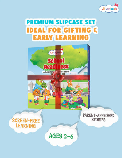 Lil Legends School Readiness Picture Book Set for Kids | Slipcase with 5 Board Books | School Bus Ride, Meeting Teachers, Making Friends, Classroom Habits and Healthy Eating | Age 2–6